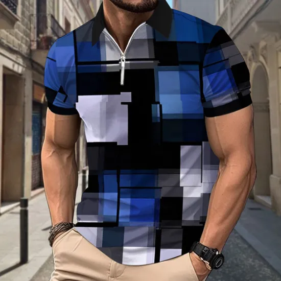 OUKU Men's Plaid Polo Shirts Zip Polo Short Sleeve Polo Shirts Collar Casual Formal Vacation Dailywear 3D Print Summer Spring Black Yellow Red