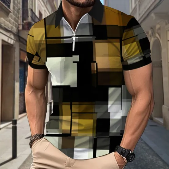 OUKU Men's Plaid Polo Shirts Zip Polo Short Sleeve Polo Shirts Collar Casual Formal Vacation Dailywear 3D Print Summer Spring Black Yellow Red
