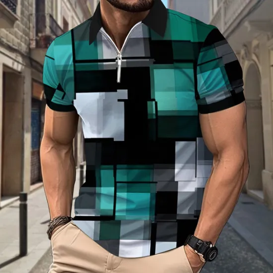 OUKU Men's Plaid Polo Shirts Zip Polo Short Sleeve Polo Shirts Collar Casual Formal Vacation Dailywear 3D Print Summer Spring Black Yellow Red