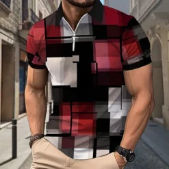 OUKU Men's Plaid Polo Shirts Zip Polo Short Sleeve Polo Shirts Collar Casual Formal Vacation Dailywear 3D Print Summer Spring Black Yellow Red