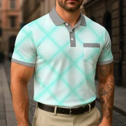 Discount OUKU Men's Plaid Polo Short Sleeve Turndown Business Casual Daily Sports & Outdoor Athleisure Casual Daily Pocket Buttons Summer White Navy Blue Green