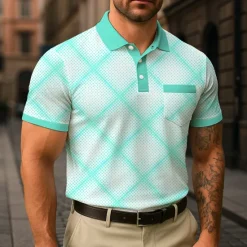Discount OUKU Men's Plaid Polo Short Sleeve Turndown Business Casual Daily Sports & Outdoor Athleisure Casual Daily Pocket Buttons Summer White Navy Blue Green
