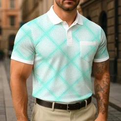Discount OUKU Men's Plaid Polo Short Sleeve Turndown Business Casual Daily Sports & Outdoor Athleisure Casual Daily Pocket Buttons Summer White Navy Blue Green