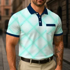 Discount OUKU Men's Plaid Polo Short Sleeve Turndown Business Casual Daily Sports & Outdoor Athleisure Casual Daily Pocket Buttons Summer White Navy Blue Green