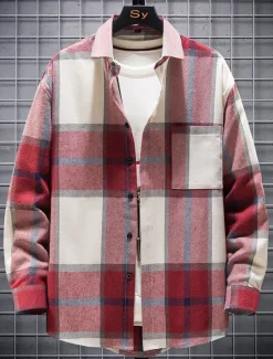 Sale OUKU Men's Plaid Shirt Button Up Shirt Overshirt Plaid Outdoor Daily Yellow Red Blue Green Long Sleeve Lapel Spring & Fall Clothing Apparel Pocket