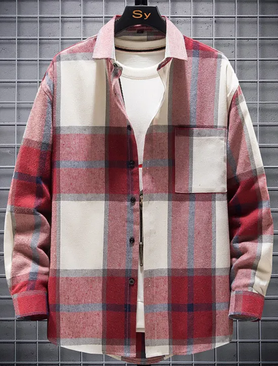 Sale OUKU Men's Plaid Shirt Button Up Shirt Overshirt Plaid Outdoor Daily Yellow Red Blue Green Long Sleeve Lapel Spring & Fall Clothing Apparel Pocket