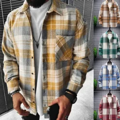 Outlet OUKU Men's Plaid Shirt Flannel Shirt Plaid Shirt Overshirt Long Sleeve Shirt Collar Outdoor Street Light Yellow Red Blue Green Print Button-Down Clothing Apparel Fashion Designer Casual Comfortable