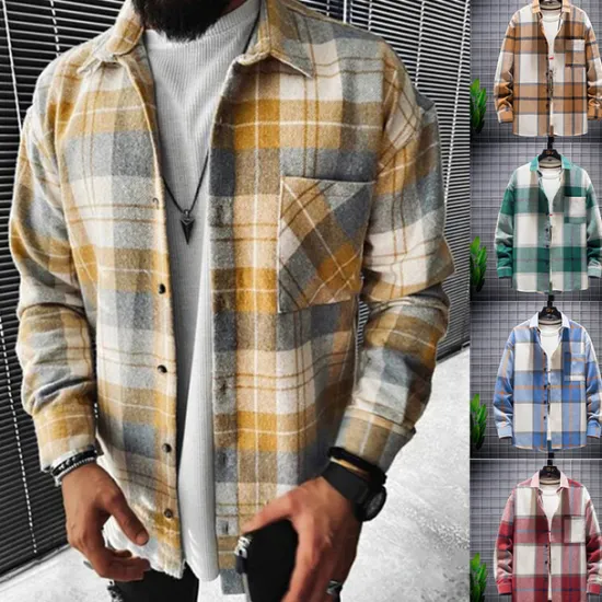 Outlet OUKU Men's Plaid Shirt Flannel Shirt Plaid Shirt Overshirt Long Sleeve Shirt Collar Outdoor Street Light Yellow Red Blue Green Print Button-Down Clothing Apparel Fashion Designer Casual Comfortable