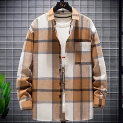 Outlet OUKU Men's Plaid Shirt Flannel Shirt Plaid Shirt Overshirt Long Sleeve Shirt Collar Outdoor Street Light Yellow Red Blue Green Print Button-Down Clothing Apparel Fashion Designer Casual Comfortable