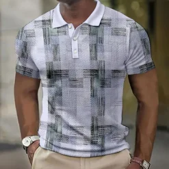 New OUKU Men's Plaid Waffle Polo Shirts Golf Shirt Short Sleeve Polo Shirts Collared Shirts Vintage Casual Vacation Wear Formal Wear Festival Wear Buttons 3D Print Blue Green Khaki