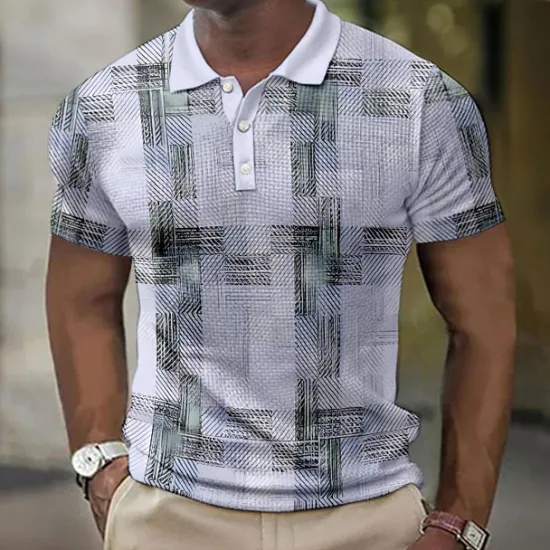 New OUKU Men's Plaid Waffle Polo Shirts Golf Shirt Short Sleeve Polo Shirts Collared Shirts Vintage Casual Vacation Wear Formal Wear Festival Wear Buttons 3D Print Blue Green Khaki