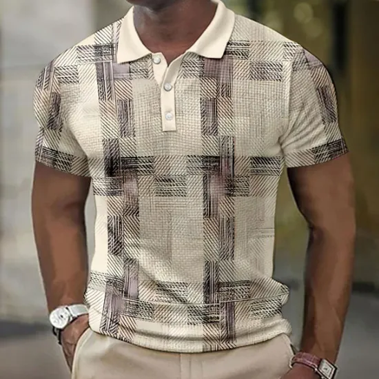 New OUKU Men's Plaid Waffle Polo Shirts Golf Shirt Short Sleeve Polo Shirts Collared Shirts Vintage Casual Vacation Wear Formal Wear Festival Wear Buttons 3D Print Blue Green Khaki