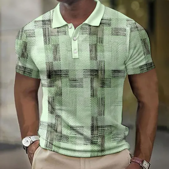 New OUKU Men's Plaid Waffle Polo Shirts Golf Shirt Short Sleeve Polo Shirts Collared Shirts Vintage Casual Vacation Wear Formal Wear Festival Wear Buttons 3D Print Blue Green Khaki
