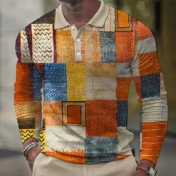 Sale OUKU Men's Plaid Waffle Polo Shirts Golf Shirt Long Sleeve Polo Shirts Collared Shirts Vintage Casual Vacation Wear Formal Wear Festival Wear Buttons 3D Print Spring Fall Winter Orange