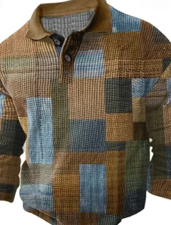 Hot OUKU Men's Plaid Waffle Polo Shirts Golf Shirt Long Sleeve Polo Shirts Collared Shirts Vintage Casual Vacation Wear Formal Wear Festival Wear Buttons 3D Print Fall & Winter Black Yellow Brown