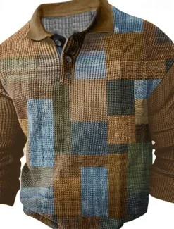 Hot OUKU Men's Plaid Waffle Polo Shirts Golf Shirt Long Sleeve Polo Shirts Collared Shirts Vintage Casual Vacation Wear Formal Wear Festival Wear Buttons 3D Print Fall & Winter Black Yellow Brown