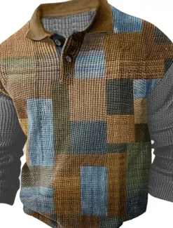 Hot OUKU Men's Plaid Waffle Polo Shirts Golf Shirt Long Sleeve Polo Shirts Collared Shirts Vintage Casual Vacation Wear Formal Wear Festival Wear Buttons 3D Print Fall & Winter Black Yellow Brown