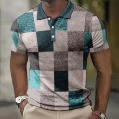 Hot OUKU Men's Plaid Waffle Polo Shirts Golf Shirt Short Sleeve Polo Shirts Collared Shirts Vintage Casual Vacation Wear Formal Wear Festival Wear Buttons 3D Print Blue-Green Light Green Pink