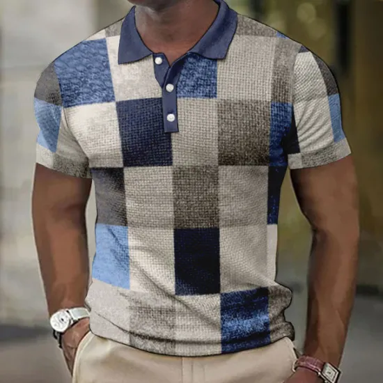 Hot OUKU Men's Plaid Waffle Polo Shirts Golf Shirt Short Sleeve Polo Shirts Collared Shirts Vintage Casual Vacation Wear Formal Wear Festival Wear Buttons 3D Print Blue-Green Light Green Pink