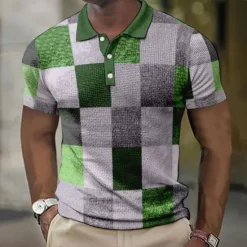Hot OUKU Men's Plaid Waffle Polo Shirts Golf Shirt Short Sleeve Polo Shirts Collared Shirts Vintage Casual Vacation Wear Formal Wear Festival Wear Buttons 3D Print Blue-Green Light Green Pink