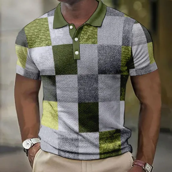Hot OUKU Men's Plaid Waffle Polo Shirts Golf Shirt Short Sleeve Polo Shirts Collared Shirts Vintage Casual Vacation Wear Formal Wear Festival Wear Buttons 3D Print Blue-Green Light Green Pink