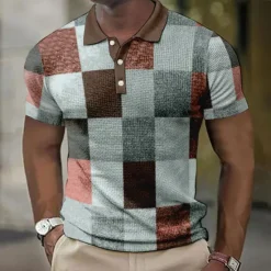 Hot OUKU Men's Plaid Waffle Polo Shirts Golf Shirt Short Sleeve Polo Shirts Collared Shirts Vintage Casual Vacation Wear Formal Wear Festival Wear Buttons 3D Print Blue-Green Light Green Pink
