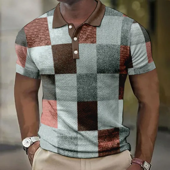 Hot OUKU Men's Plaid Waffle Polo Shirts Golf Shirt Short Sleeve Polo Shirts Collared Shirts Vintage Casual Vacation Wear Formal Wear Festival Wear Buttons 3D Print Blue-Green Light Green Pink