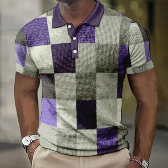 Hot OUKU Men's Plaid Waffle Polo Shirts Golf Shirt Short Sleeve Polo Shirts Collared Shirts Vintage Casual Vacation Wear Formal Wear Festival Wear Buttons 3D Print Blue-Green Light Green Pink