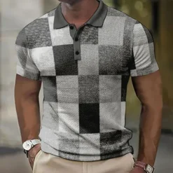 Hot OUKU Men's Plaid Waffle Polo Shirts Golf Shirt Short Sleeve Polo Shirts Collared Shirts Vintage Casual Vacation Wear Formal Wear Festival Wear Buttons 3D Print Blue-Green Light Green Pink