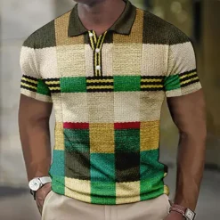 Sale OUKU Men's Plaid Waffle Polo Shirts Golf Shirt Short Sleeve Polo Shirts Collared Shirts Vintage Casual Vacation Wear Formal Wear Festival Wear Buttons 3D Print Yellow Light Green Blue