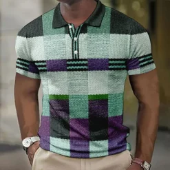 Sale OUKU Men's Plaid Waffle Polo Shirts Golf Shirt Short Sleeve Polo Shirts Collared Shirts Vintage Casual Vacation Wear Formal Wear Festival Wear Buttons 3D Print Yellow Light Green Blue