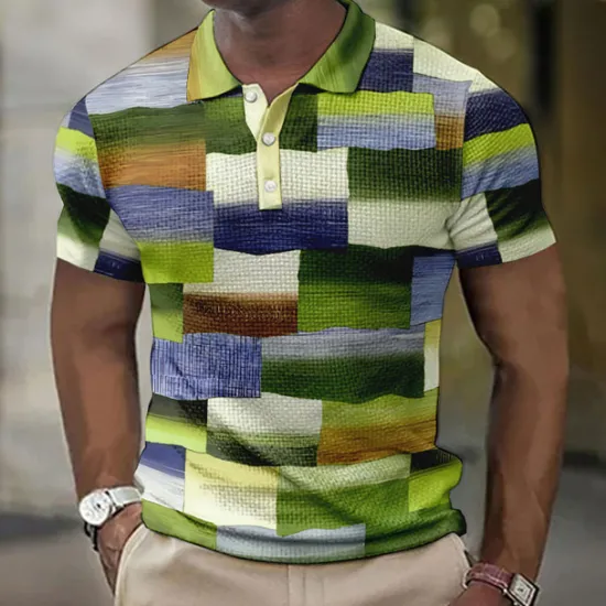Discount OUKU Men's Plaid Waffle Polo Shirts Golf Shirt Short Sleeve Polo Shirts Collared Shirts Vintage Casual Vacation Wear Formal Wear Festival Wear Buttons 3D Print Yellow Pink Blue