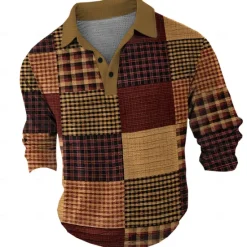Clearance OUKU Men's Plaid Waffle Polo Shirts Long Sleeve Polo Shirts Collar Vintage Casual Vacation Party Evening Wear Dailywear Buttons 3D Print Spring Fall Winter Brown