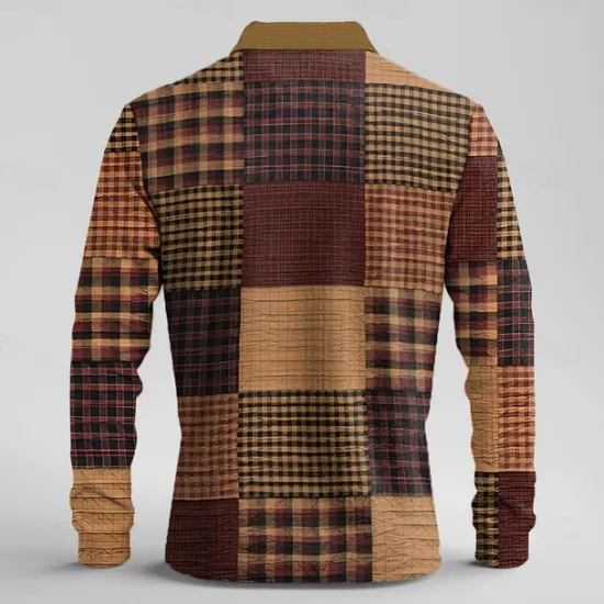 Clearance OUKU Men's Plaid Waffle Polo Shirts Long Sleeve Polo Shirts Collar Vintage Casual Vacation Party Evening Wear Dailywear Buttons 3D Print Spring Fall Winter Brown