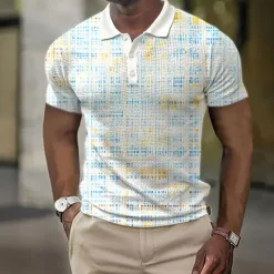 New OUKU Men's Plaid Waffle Polo Shirts Golf Shirt Short Sleeve Polo Shirts Collared Shirts Business Casual WorkWear Formal Wear Festival Wear Buttons 3D Print White Yellow Blue