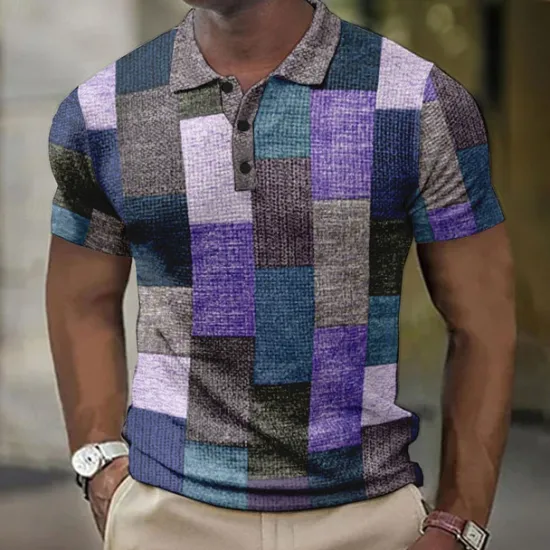 New OUKU Men's Plaid Waffle Polo Shirts Golf Shirt Short Sleeve Polo Shirts Collared Shirts Vintage Casual Vacation Wear Formal Wear Festival Wear Buttons 3D Print Light Yellow Light Pink Black-White