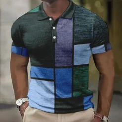 New OUKU Men's Plaid Waffle Polo Shirts Golf Shirt Short Sleeve Polo Shirts Collared Shirts Vintage Casual Vacation Wear Formal Wear Festival Wear Buttons 3D Print Light Yellow Light Pink Black-White