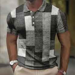 New OUKU Men's Plaid Waffle Polo Shirts Golf Shirt Short Sleeve Polo Shirts Collared Shirts Vintage Casual Vacation Wear Formal Wear Festival Wear Buttons 3D Print Light Yellow Light Pink Black-White