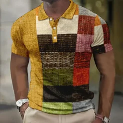 New OUKU Men's Plaid Waffle Polo Shirts Golf Shirt Short Sleeve Polo Shirts Collared Shirts Vintage Casual Vacation Wear Formal Wear Festival Wear Buttons 3D Print Light Yellow Light Pink Black-White