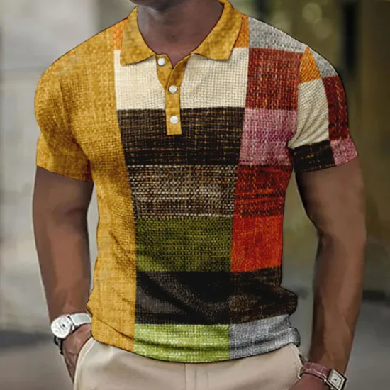 New OUKU Men's Plaid Waffle Polo Shirts Golf Shirt Short Sleeve Polo Shirts Collared Shirts Vintage Casual Vacation Wear Formal Wear Festival Wear Buttons 3D Print Light Yellow Light Pink Black-White