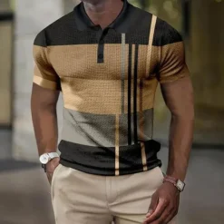 New OUKU Men's Plaid Waffle Polo Shirts Golf Shirt Short Sleeve Polo Shirts Collared Shirts Vintage Casual Vacation Wear Formal Wear Festival Wear Buttons 3D Print Light Yellow Light Pink Black-White