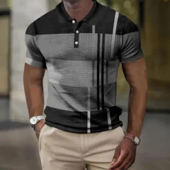 New OUKU Men's Plaid Waffle Polo Shirts Golf Shirt Short Sleeve Polo Shirts Collared Shirts Vintage Casual Vacation Wear Formal Wear Festival Wear Buttons 3D Print Light Yellow Light Pink Black-White