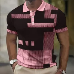New OUKU Men's Plaid Waffle Polo Shirts Golf Shirt Short Sleeve Polo Shirts Collared Shirts Vintage Casual Vacation Wear Formal Wear Festival Wear Buttons 3D Print Light Yellow Light Pink Black-White