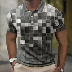 New OUKU Men's Plaid Waffle Polo Shirts Golf Shirt Short Sleeve Polo Shirts Collared Shirts Vintage Casual Vacation Wear Formal Wear Festival Wear Buttons 3D Print Light Yellow Light Pink Black-White