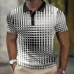 New OUKU Men's Plaid Waffle Polo Shirts Golf Shirt Short Sleeve Polo Shirts Collared Shirts Vintage Casual Vacation Wear Formal Wear Festival Wear Buttons 3D Print Light Yellow Light Pink Black-White