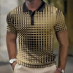 New OUKU Men's Plaid Waffle Polo Shirts Golf Shirt Short Sleeve Polo Shirts Collared Shirts Vintage Casual Vacation Wear Formal Wear Festival Wear Buttons 3D Print Light Yellow Light Pink Black-White