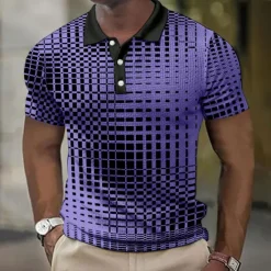 New OUKU Men's Plaid Waffle Polo Shirts Golf Shirt Short Sleeve Polo Shirts Collared Shirts Vintage Casual Vacation Wear Formal Wear Festival Wear Buttons 3D Print Light Yellow Light Pink Black-White