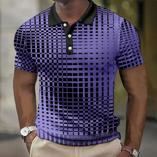 New OUKU Men's Plaid Waffle Polo Shirts Golf Shirt Short Sleeve Polo Shirts Collared Shirts Vintage Casual Vacation Wear Formal Wear Festival Wear Buttons 3D Print Light Yellow Light Pink Black-White