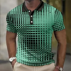New OUKU Men's Plaid Waffle Polo Shirts Golf Shirt Short Sleeve Polo Shirts Collared Shirts Vintage Casual Vacation Wear Formal Wear Festival Wear Buttons 3D Print Light Yellow Light Pink Black-White