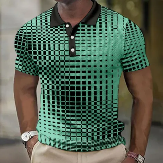 New OUKU Men's Plaid Waffle Polo Shirts Golf Shirt Short Sleeve Polo Shirts Collared Shirts Vintage Casual Vacation Wear Formal Wear Festival Wear Buttons 3D Print Light Yellow Light Pink Black-White